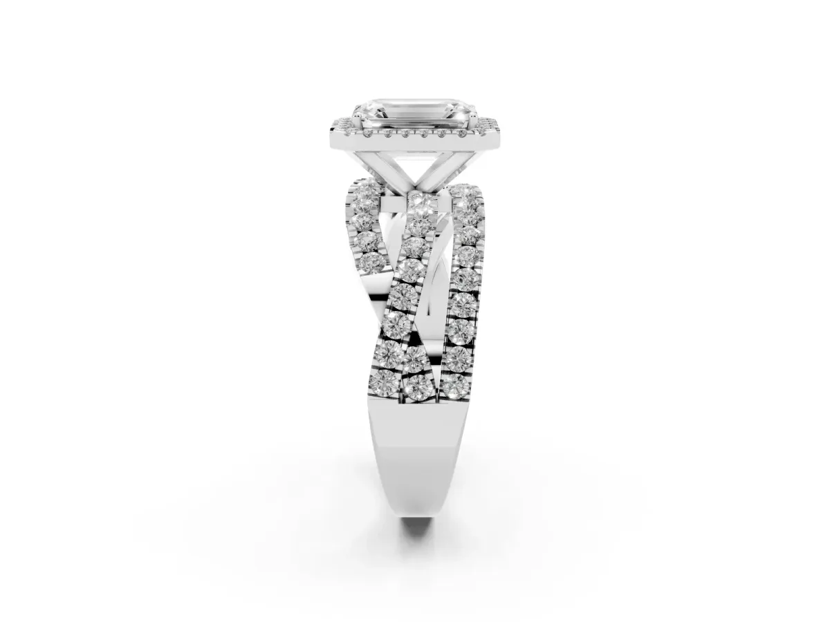 Emerald Cut Diamond Halo Ring with Round Split Shank and Prong Setting Silver
