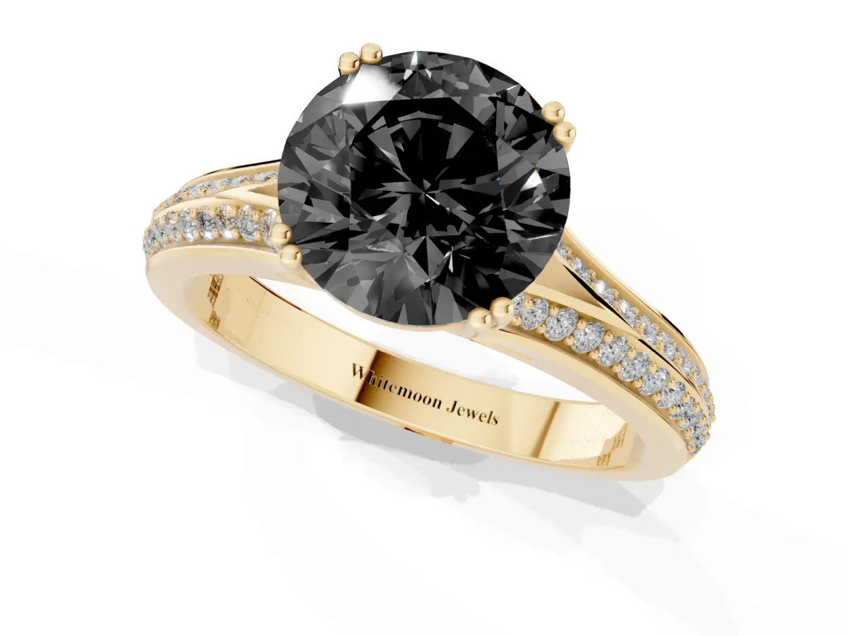 Fancy Black Round Cut Diamond Split Shank Engagement Ring with Pavé Band Yellow gold