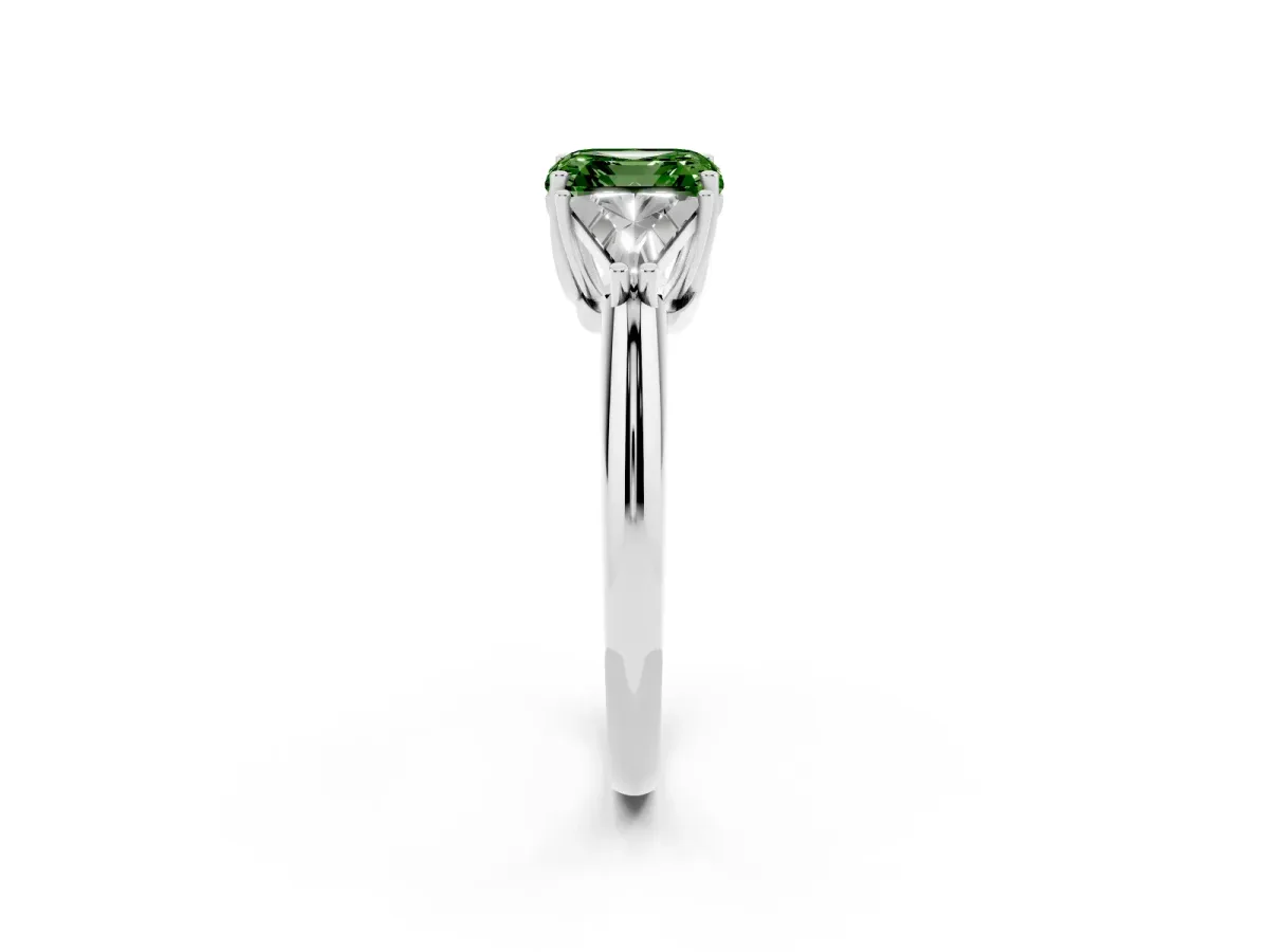 Fancy Green Three-Stone Asscher Cut Diamond Engagement Ring with Trillion Side Stones and Prong Setting Silver