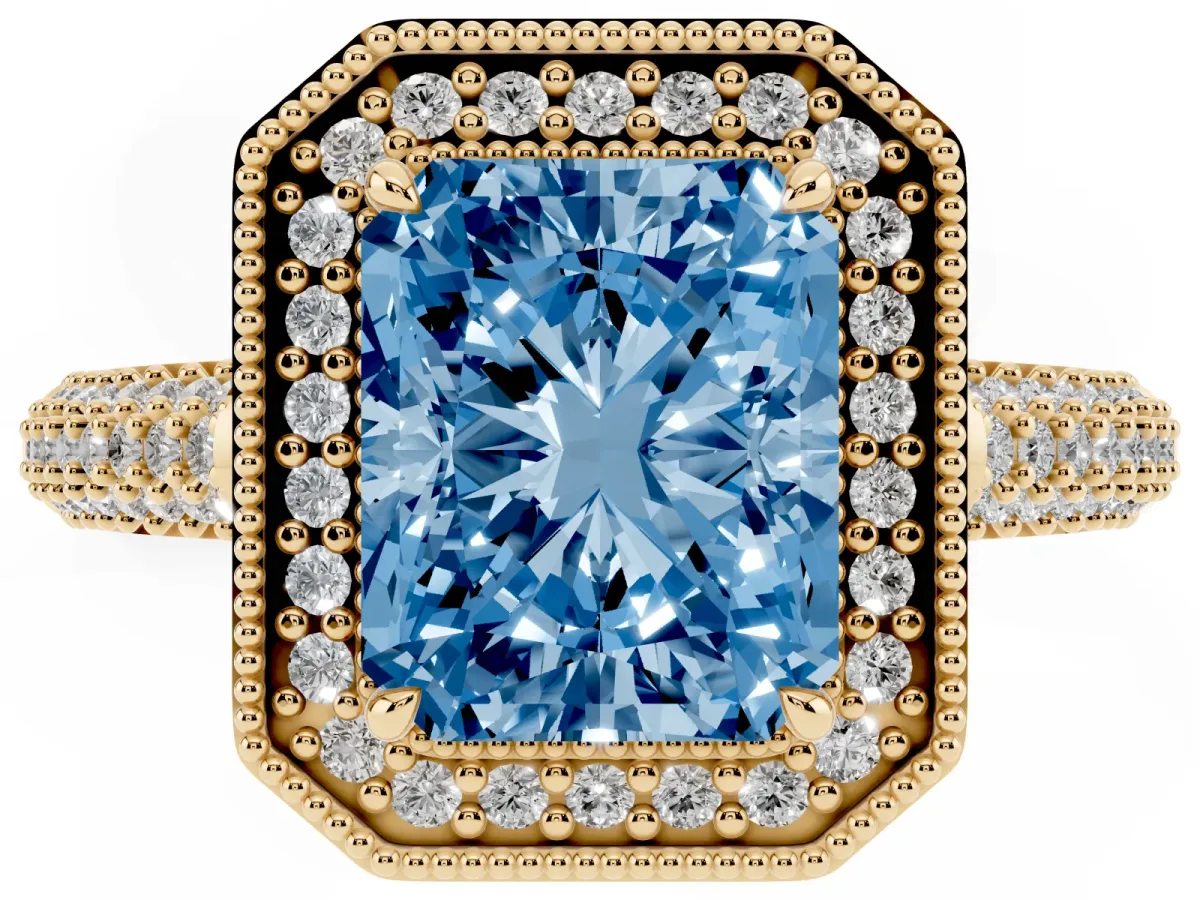 Fancy Blue Radiant Cut Cut Halo Diamond Pave Band with Four-Prong Setting Yellow gold