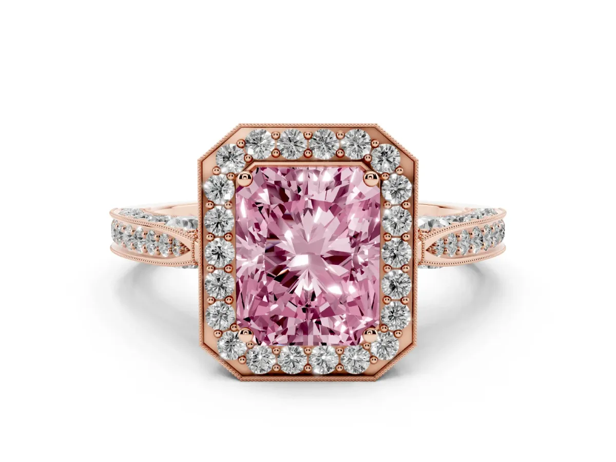 Fancy Pink Radiant Cut Halo Diamond Engagement Ring with Split Shank Band and Four-Prong Setting Rose gold