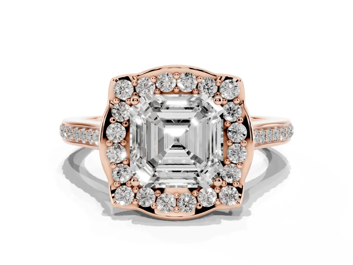 Asscher Cut Halo Round Diamond Pave Band with Four-Prong Setting Rose gold
