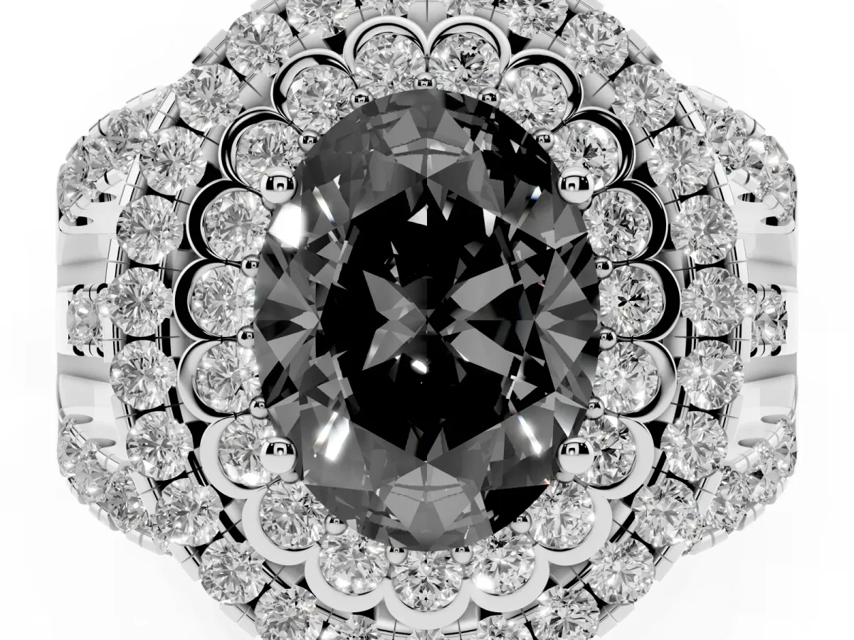 Fancy Black Oval Cut Diamond Double Halo Ring with Round Pavé Split Shank and Prong Setting Silver