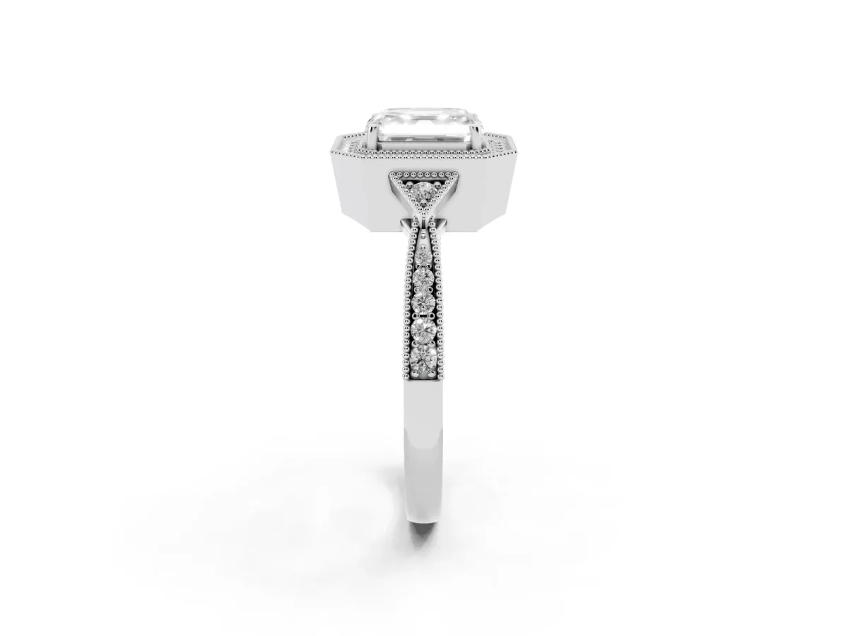 Asscher Cut Halo Round Diamond Milgrain Pave Engagement Ring Silver