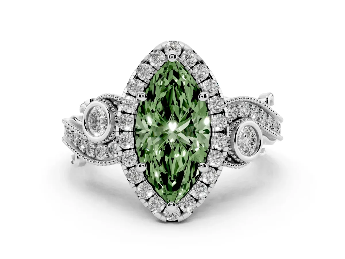 Fancy Green Marquise Cut Halo Diamond Ring with Milgrain and Bezel Accents on a Split Shank Band White gold