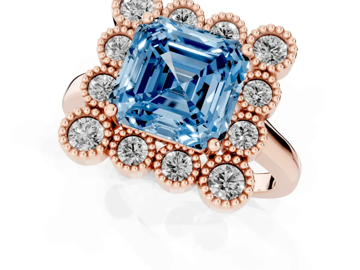 Fancy Blue Asscher Cut Halo Diamond Cluster Engagement Ring with Milgrain Bezel Setting and Solitaire Band Rose gold