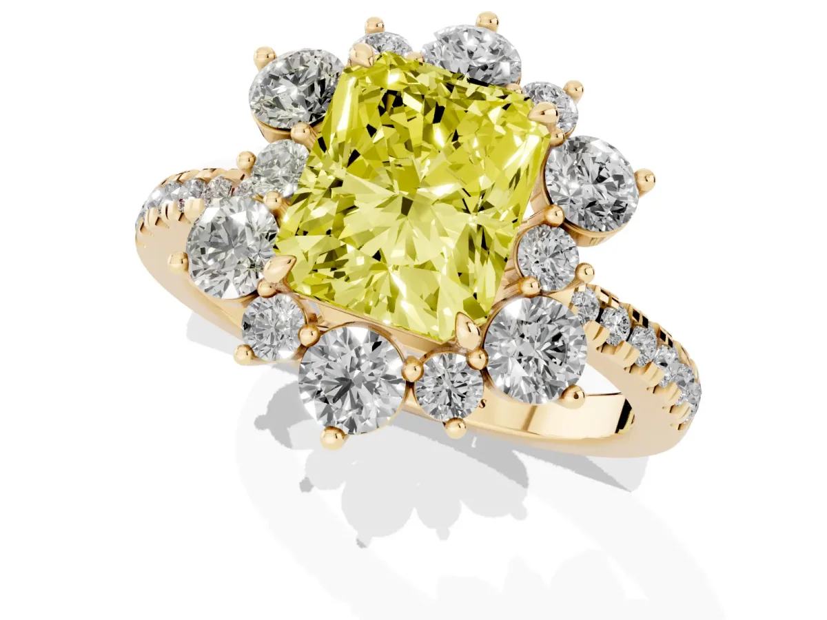 Fancy Yellow Radiant Cut Diamond Floral Halo Ring with Round Pavé Band and Prong Setting Yellow gold
