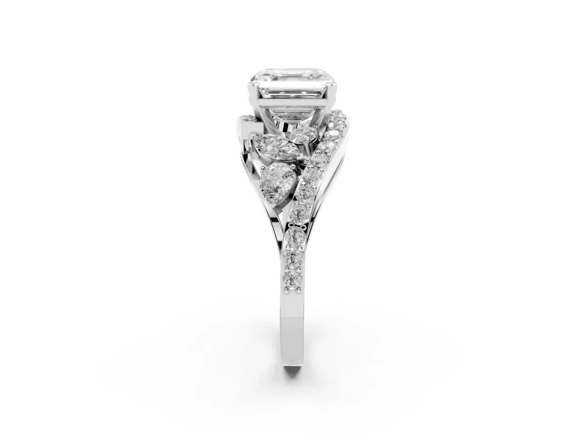 Asscher Cut Diamond Halo Ring with Marquise and Pavé Band in Prong Setting Platinum