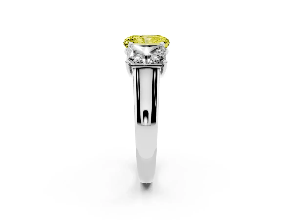 Fancy Yellow Radiant Cut Three-Stone Diamond Ring with Prong Setting on a Classic Band Silver