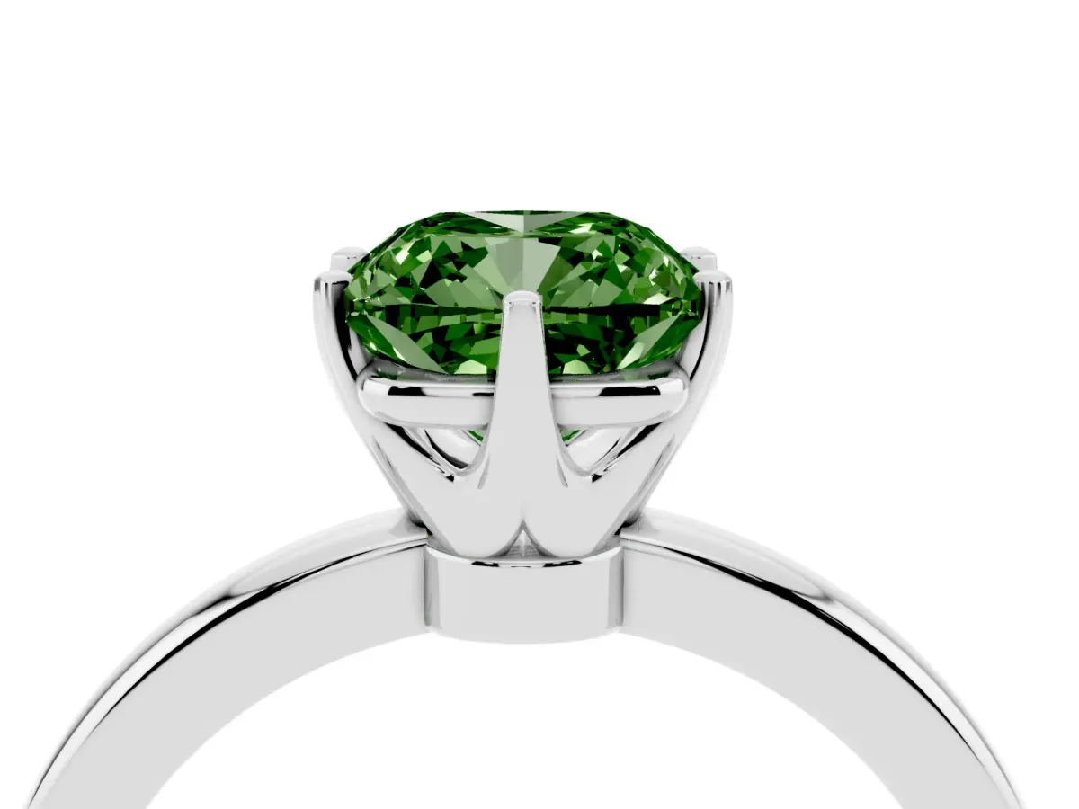Fancy Green Cushion Cut Solitaire Diamond Ring with Six-Prong Setting on a Classic Band Silver