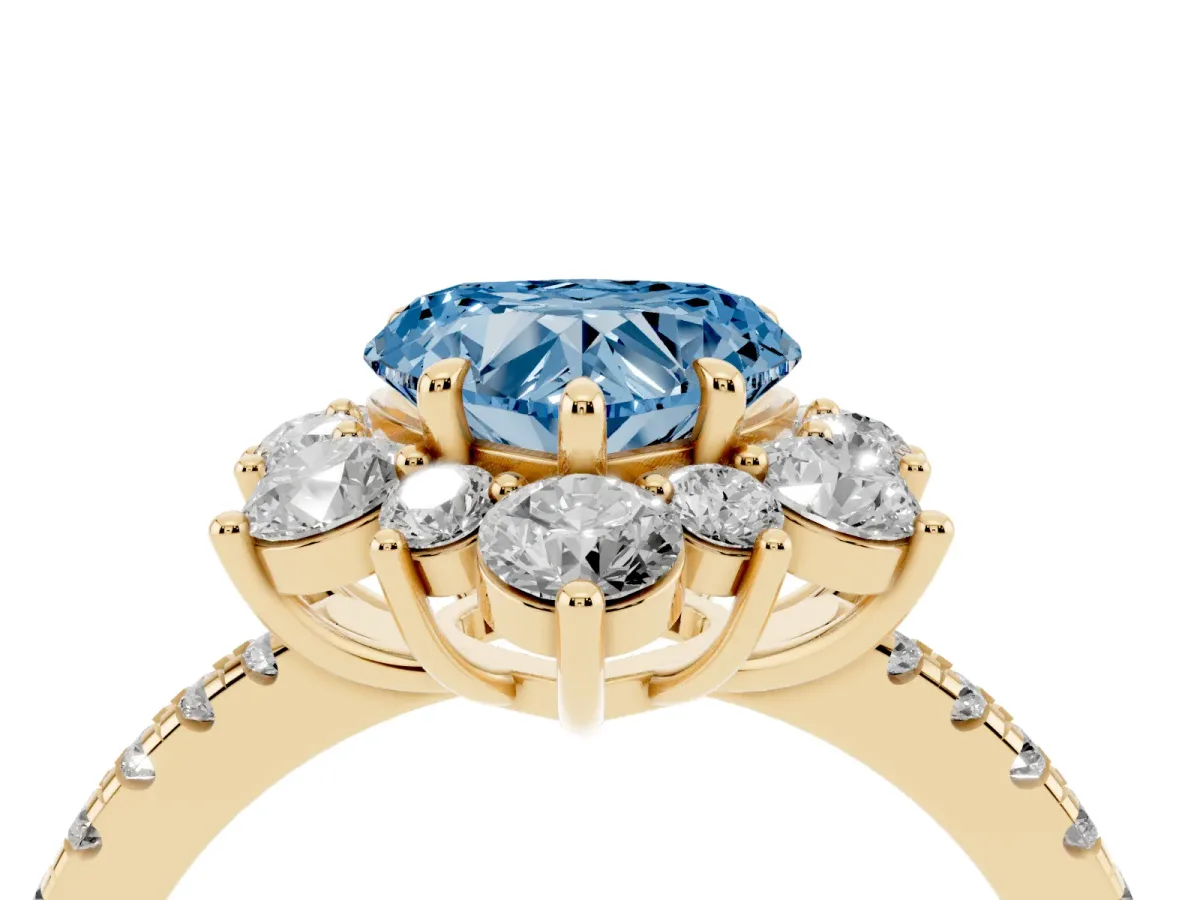 Fancy Blue Heart Cut Diamond Floral Halo Ring with Round Pavé Band and Prong Setting Yellow gold