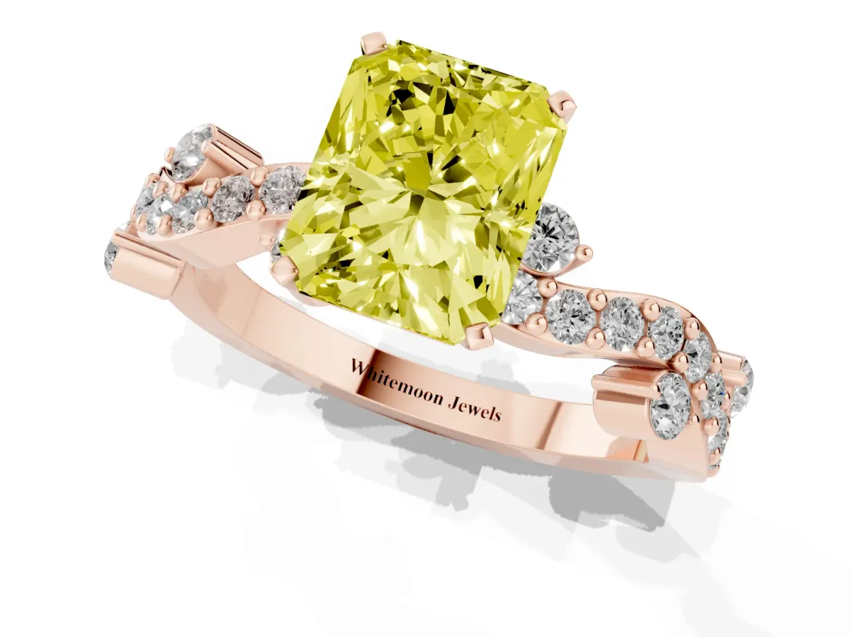 Fancy Yellow Radiant Cut Cut Solitaire Diamond Twisted Band with Pave Setting Rose gold
