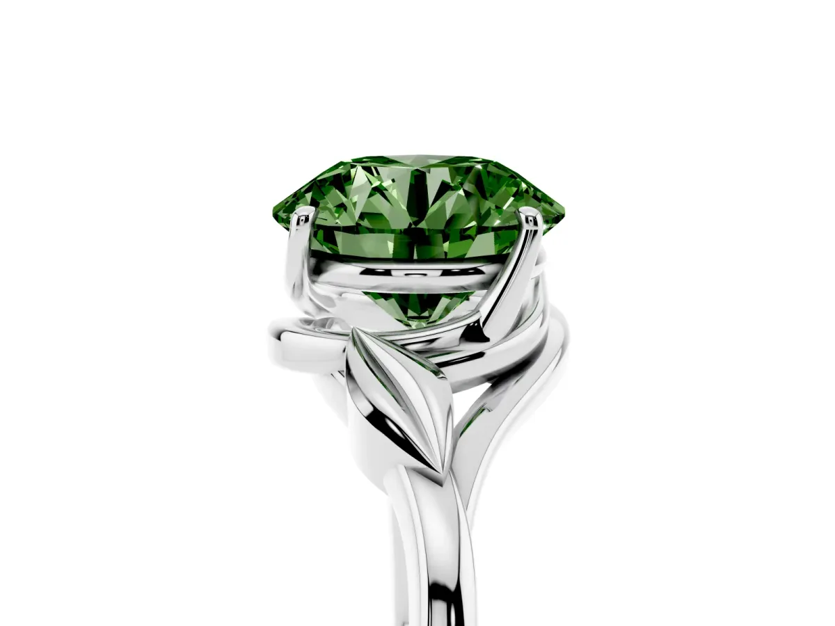 Fancy Green Round Cut Diamond Solitaire Ring with Twist Band and Four-Prong Setting Silver