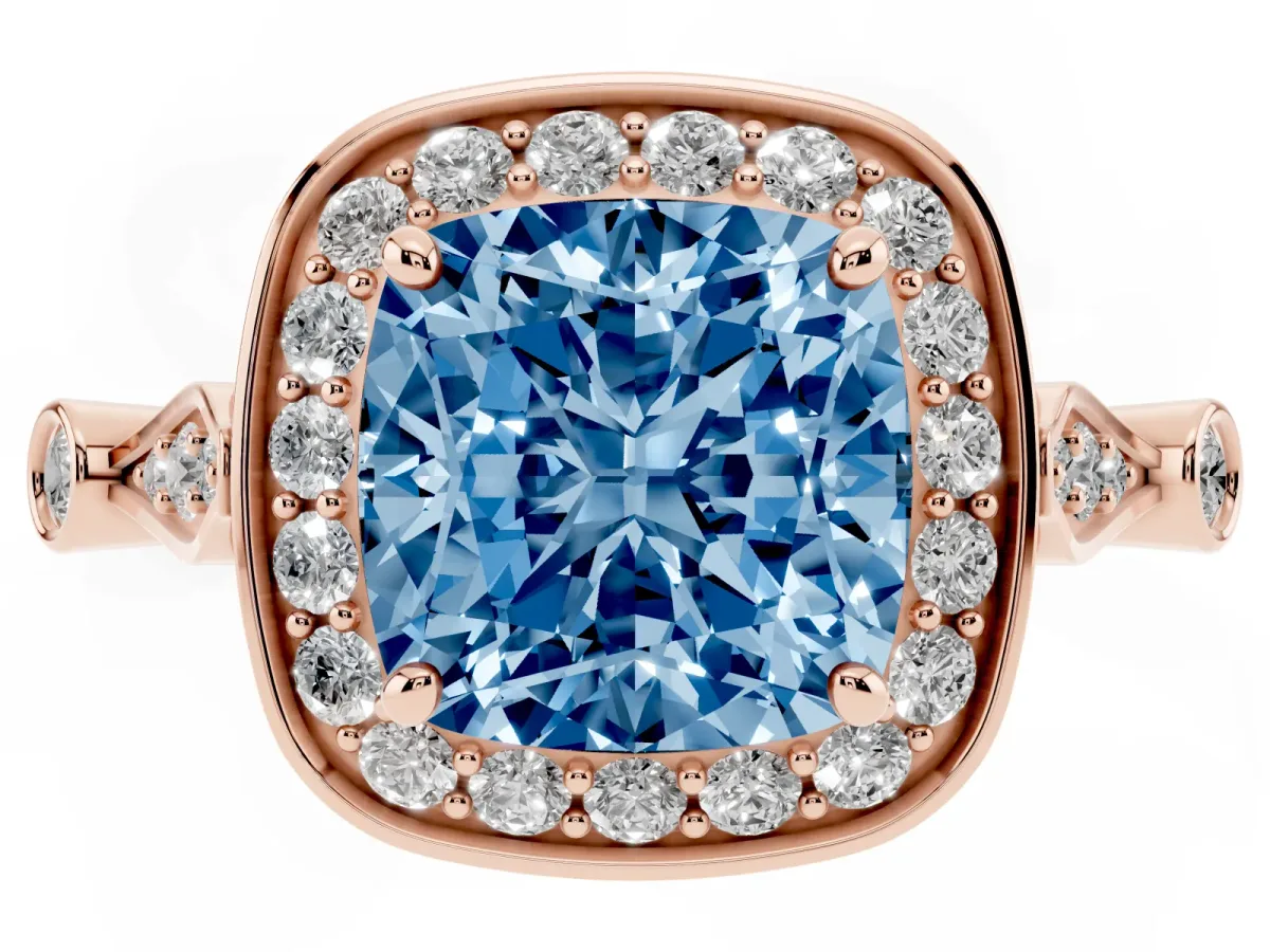 Fancy Blue Cushion Cut Halo Diamond Engagement Ring with Twisted Band and Four-Prong Setting Rose gold