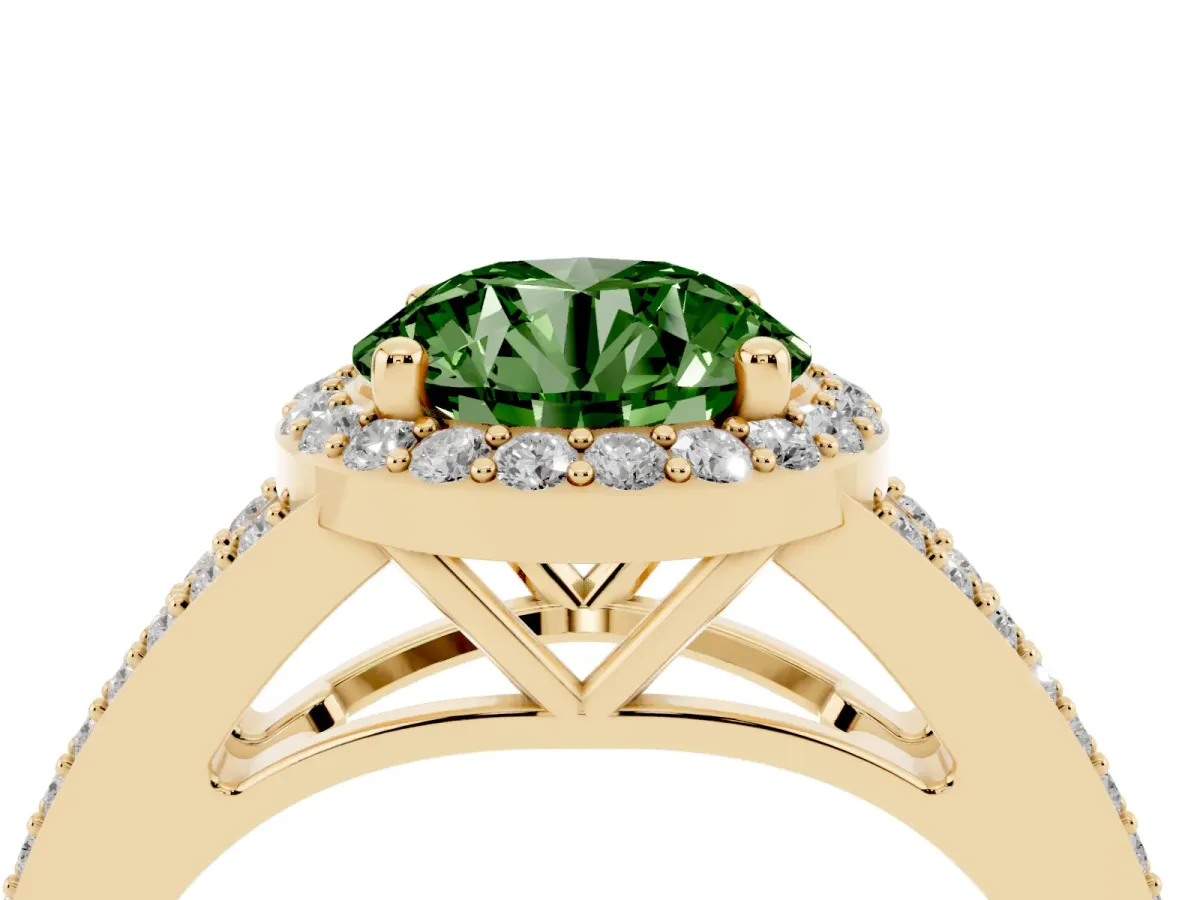 Fancy Green Round Cut Halo Split Shank Diamond Ring with Prong Setting Yellow gold