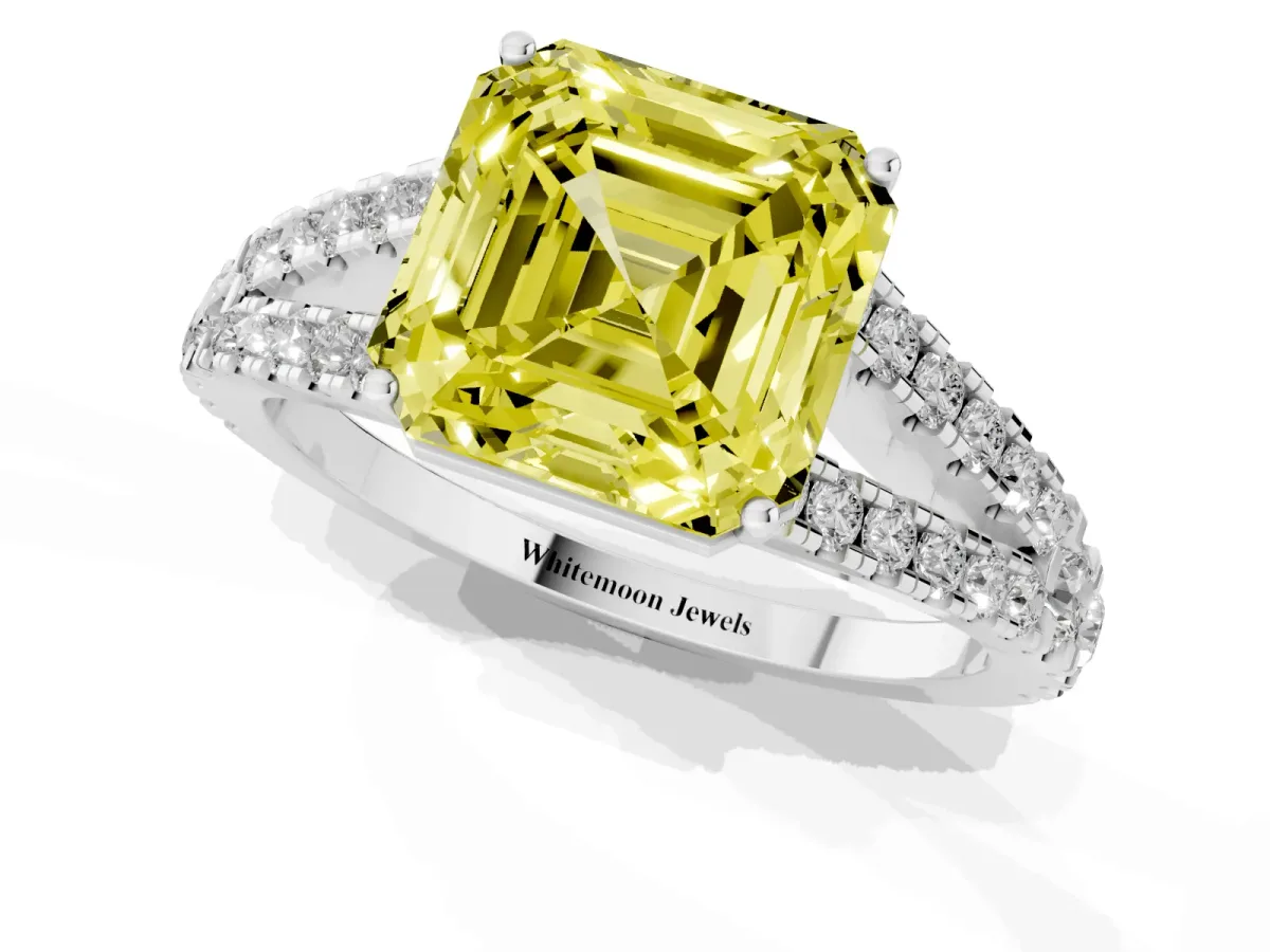 Fancy Yellow Asscher Cut Diamond Split Shank Pavé Engagement Ring with Four-Prong Setting Silver
