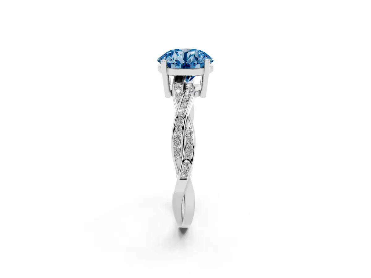 Fancy Blue Round Cut Solitaire Twisted Pave Diamond Ring with Four-Prong Setting Silver