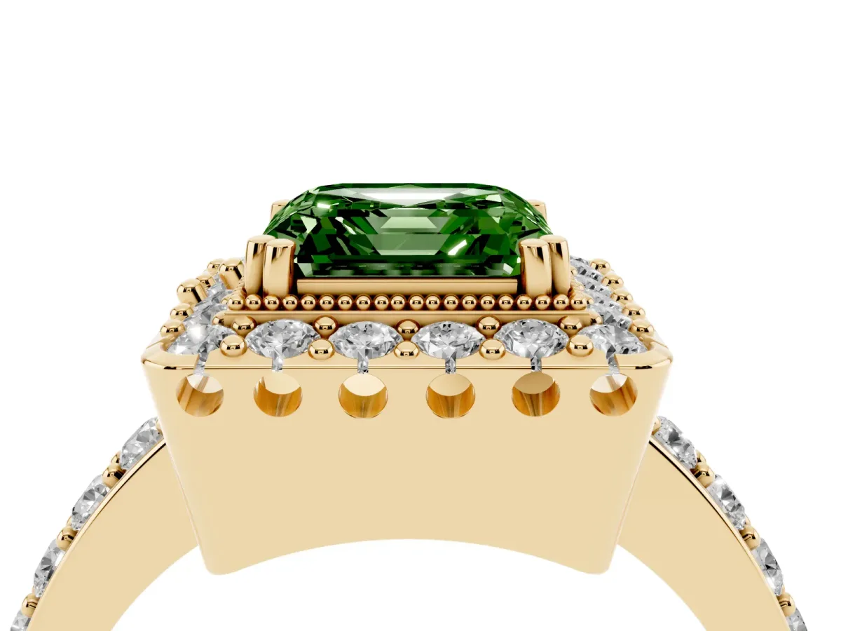 Fancy Green Asscher Cut Diamond Halo Ring with Pavé Band and Prong Setting Yellow gold