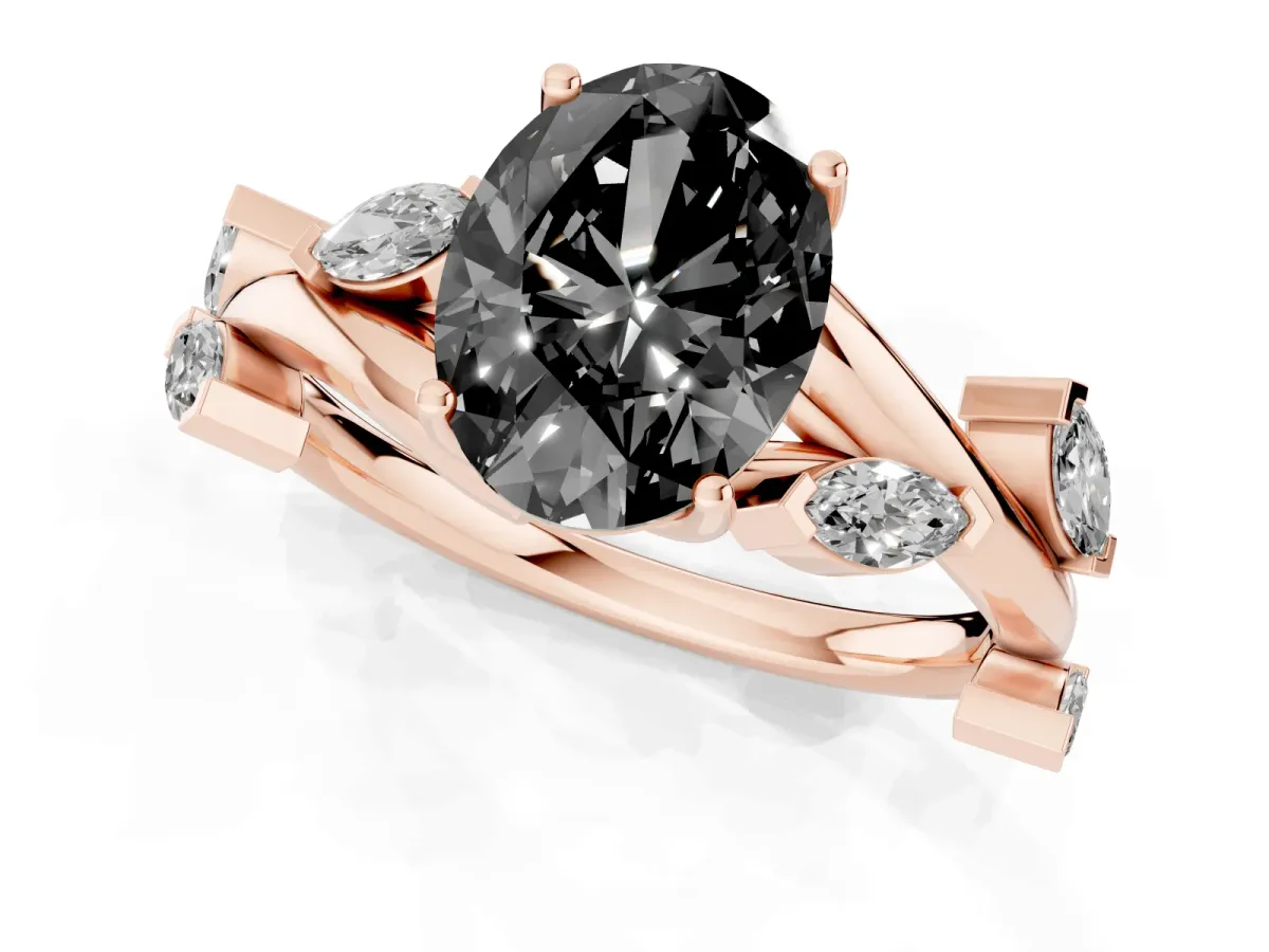Fancy Black Oval Cut Solitaire Twisted Band Marquise Accent Prong Setting Ring Rose gold