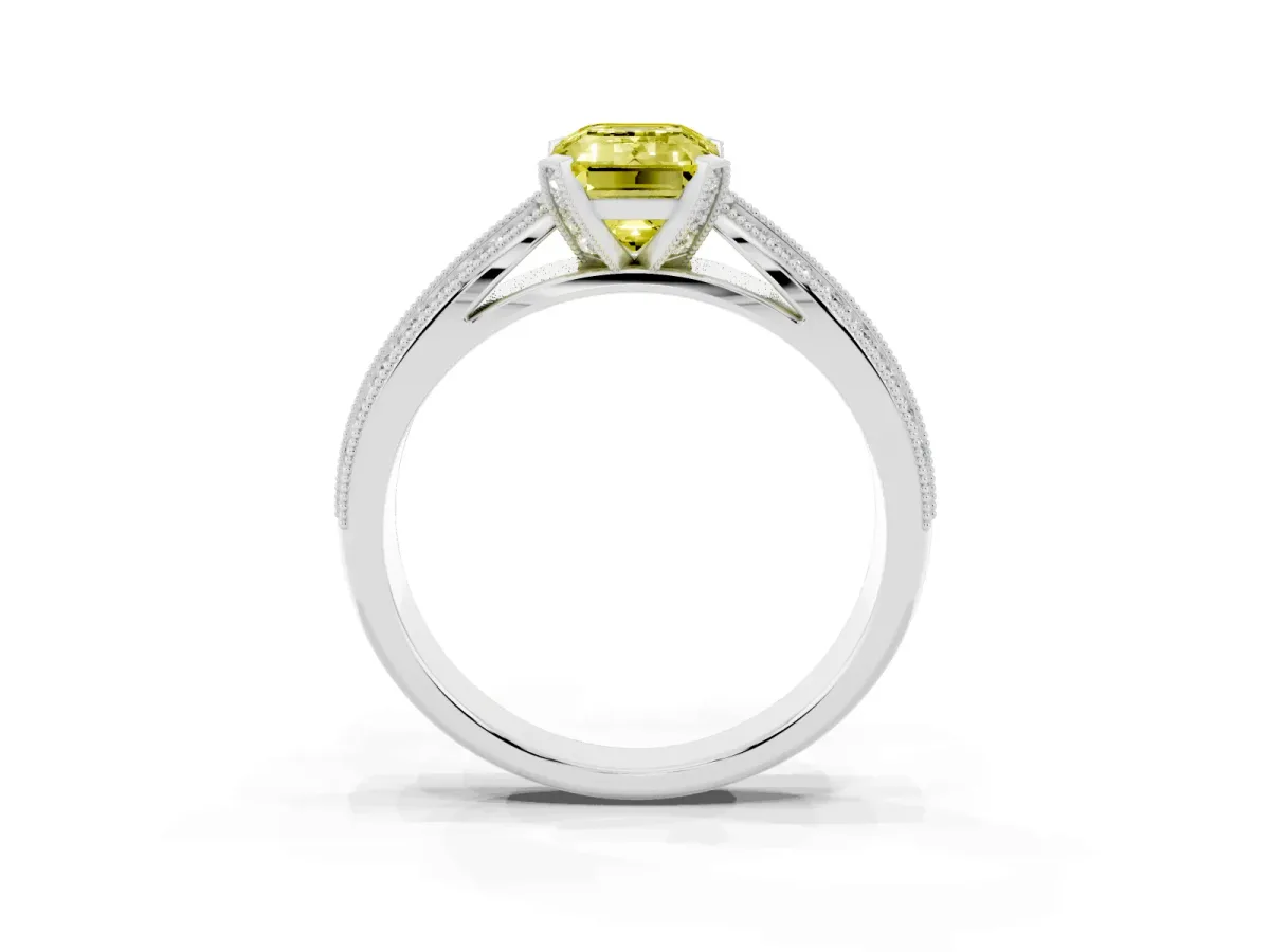 Fancy Yellow Emerald Cut Diamond Solitaire Ring with Milgrain Round Pavé Band and Prong Setting Silver