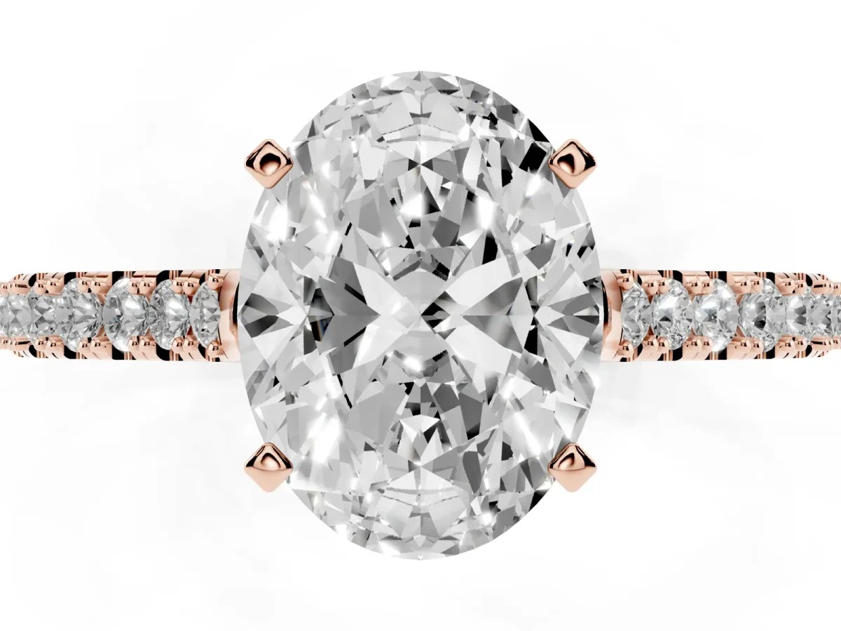 Oval Cut Cut Solitaire Diamond Engagement Ring with Pave Band and Four-Prong Setting Rose gold