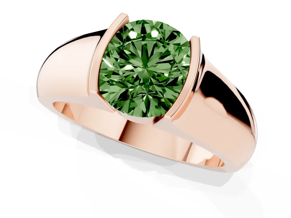 Fancy Green Round Cut Solitaire Bezel Set Diamond Ring with Wide Band Rose gold