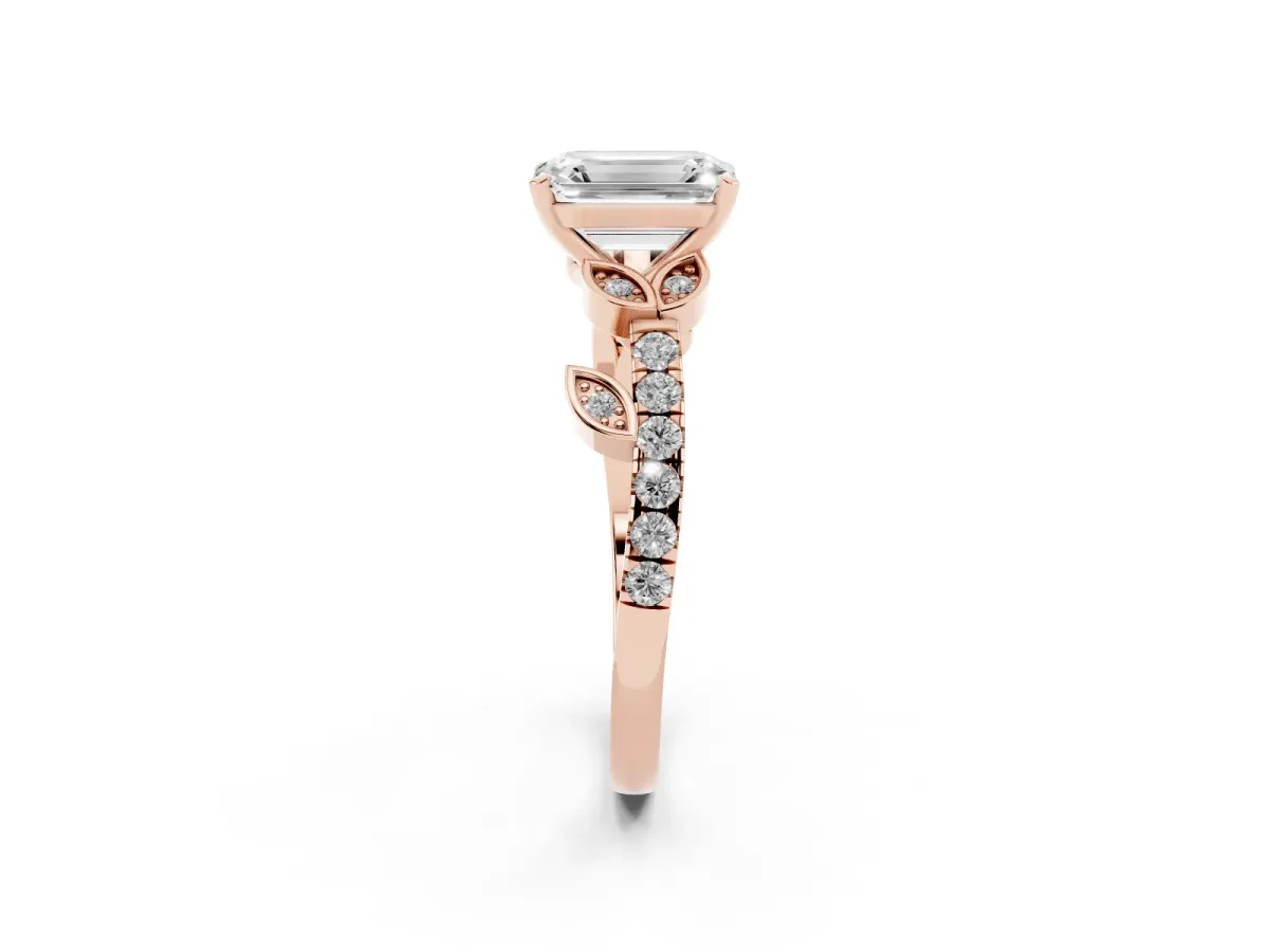 Emerald Cut Solitaire Leaf-Inspired Diamond Ring with Pavé Band and Four-Prong Setting Rose gold