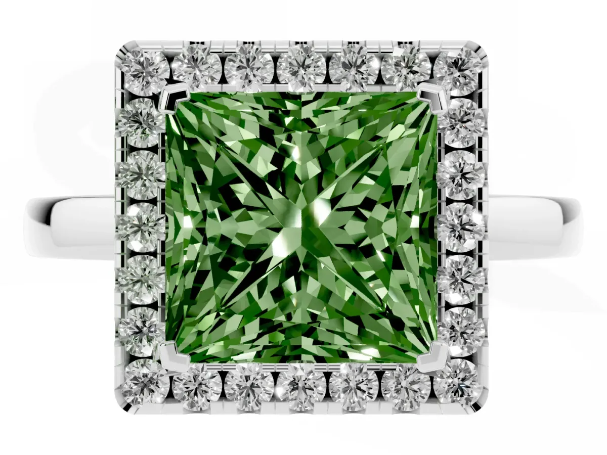 Fancy Green Princess Cut Halo Diamond Solitaire with Pavé Band and Four-Prong Setting Silver