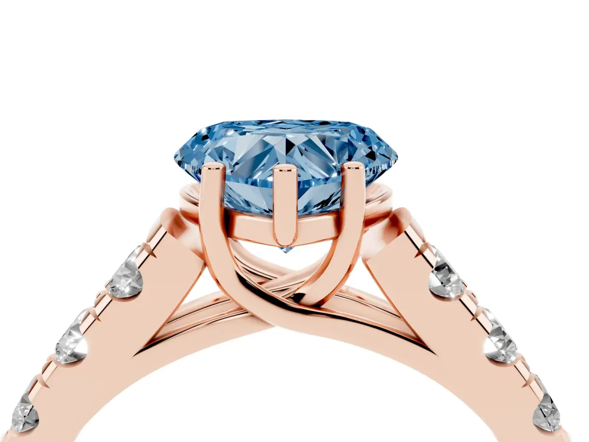 Fancy Blue Heart Cut Cut Diamond Solitaire Ring with Micro Pave Band and Prong Setting Rose gold