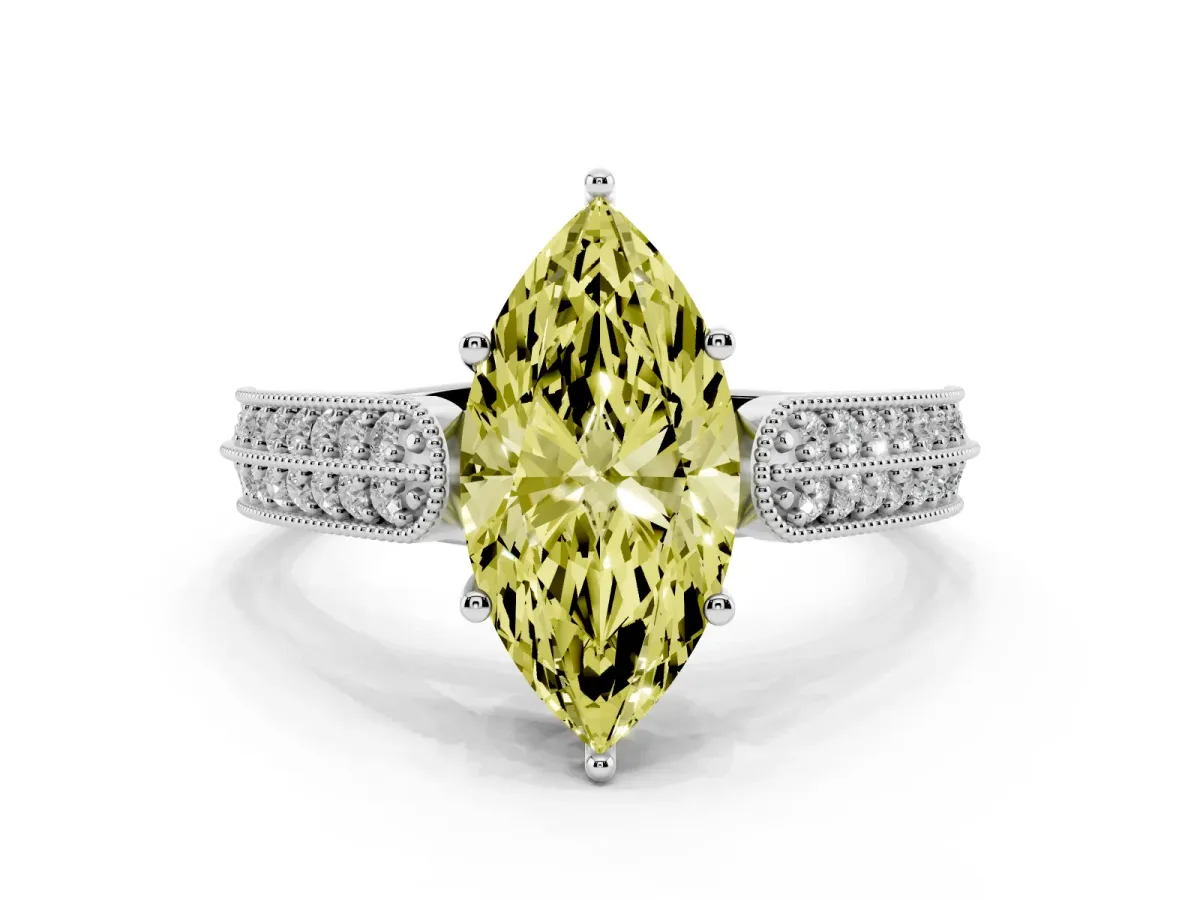 Fancy Yellow Marquise Cut Cut Pave Split Shank Engagement Ring with Four-Prong Setting White gold
