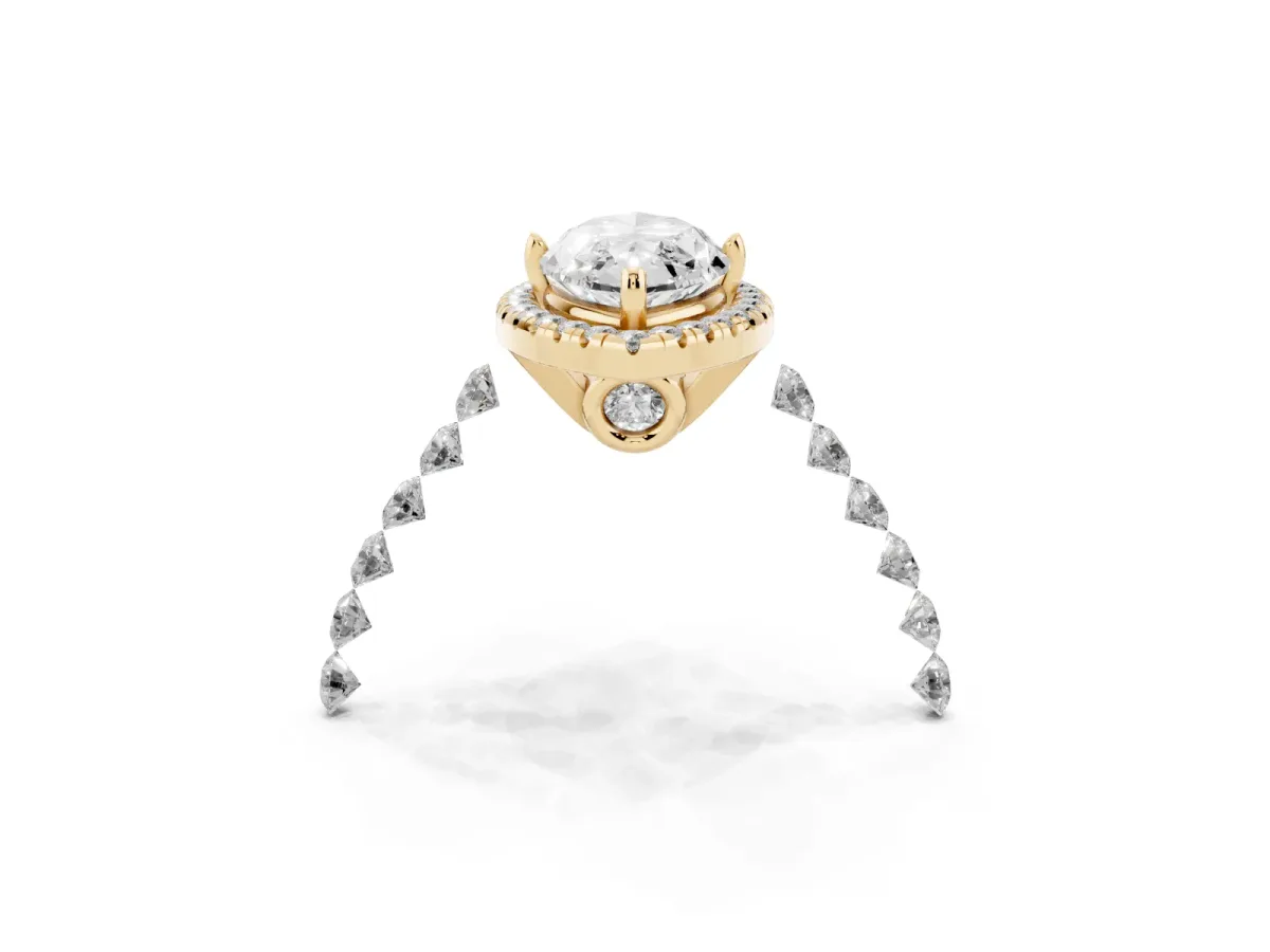 Marquise Cut Halo Pavé Diamond Engagement Ring with Four-Prong Setting Yellow gold