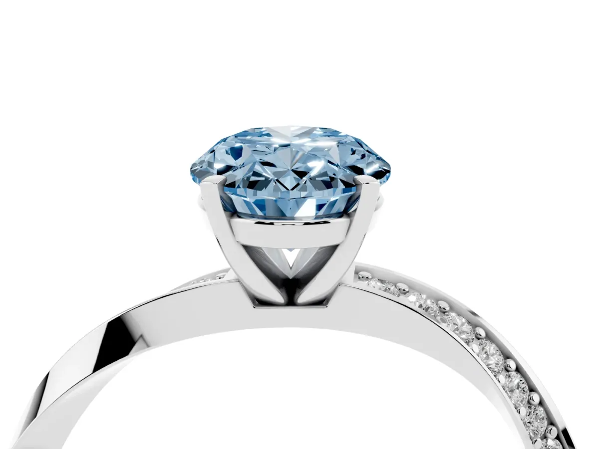 Fancy Blue Oval Cut Diamond Engagement Ring with Side Stone Accents and Four-Prong Setting Silver