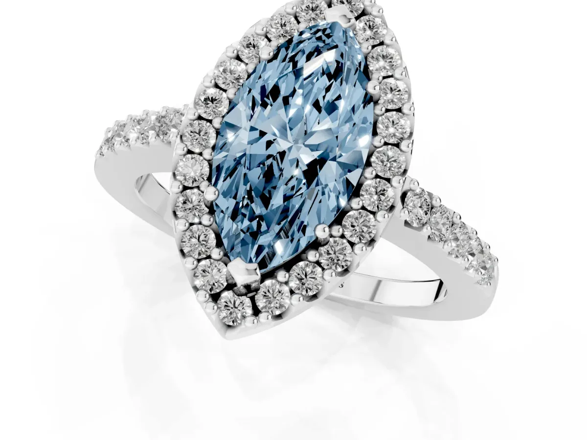 Fancy Blue Marquise Cut Halo Diamond Pavé Solitaire Ring Silver