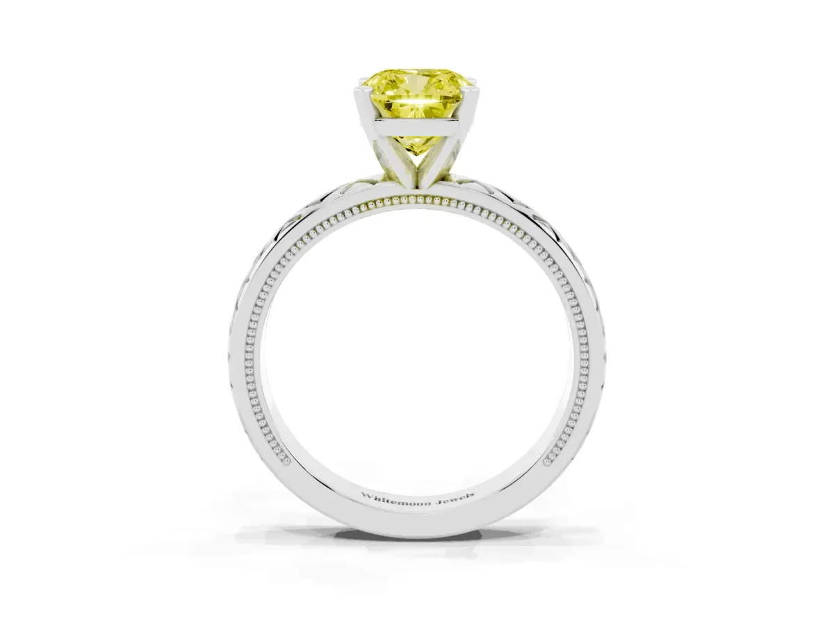 Fancy Yellow Cushion Cut Solitaire Diamond Ring with Milgrain and Black Enamel X Pattern Band Silver