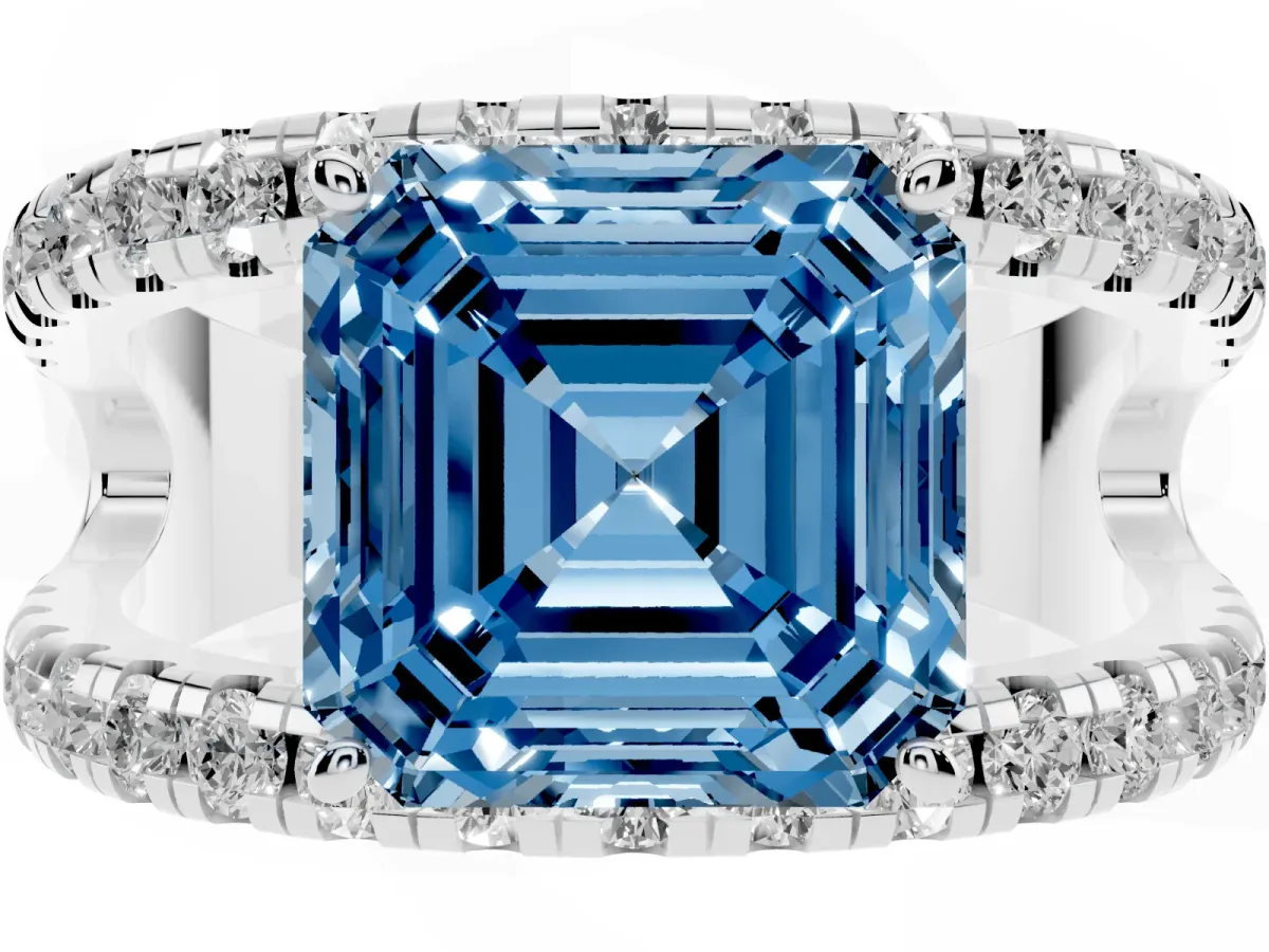 Fancy Blue Asscher Cut Solitaire Split Shank Pave Diamond Ring Platinum
