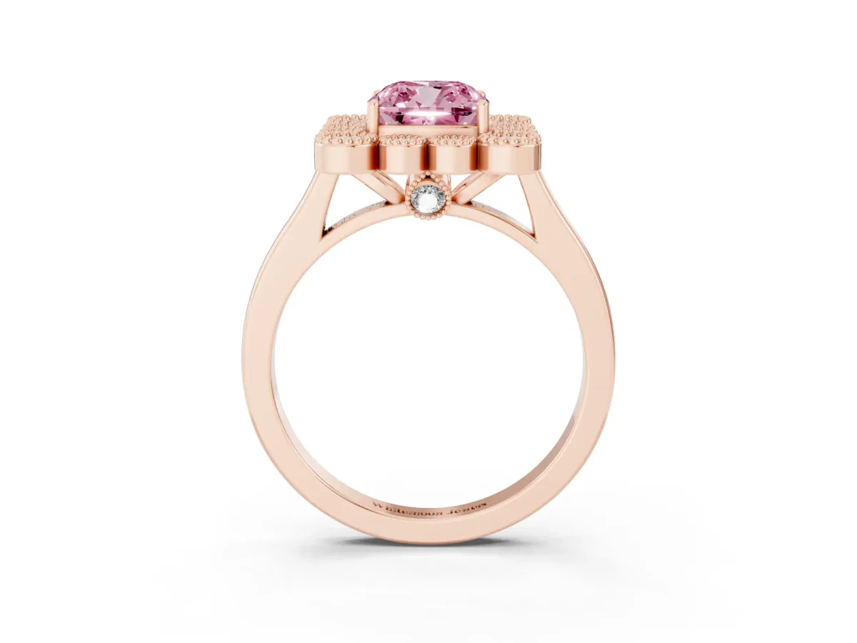 Fancy Pink Cushion Cut Halo Diamond Cluster Engagement Ring with Milgrain Bezel Setting and Solitaire Band Rose gold