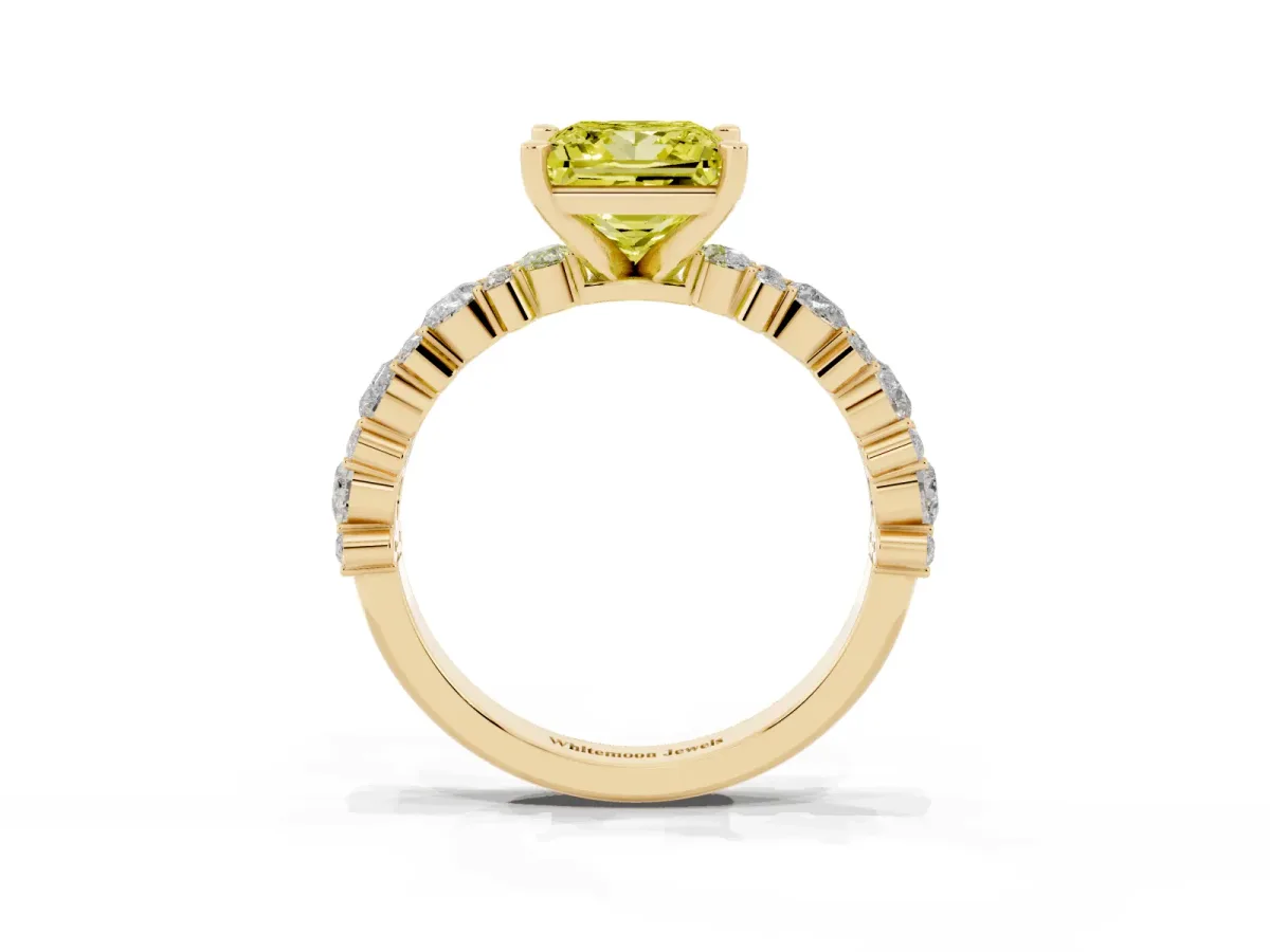 Fancy Yellow Princess Cut Diamond Side Stone Solitaire Ring with Round and Four-Prong Setting Yellow gold