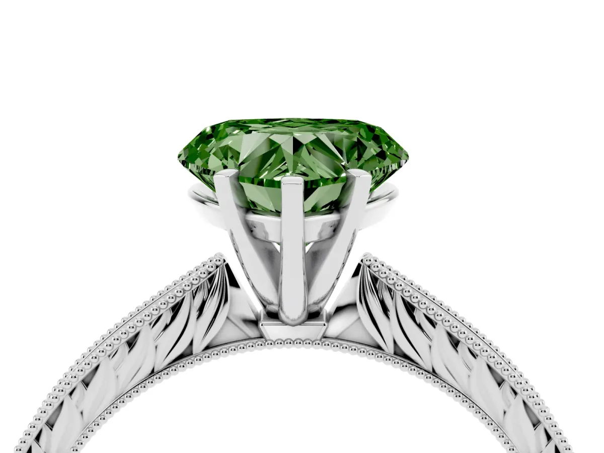 Fancy Green Heart Cut Solitaire Milgrain Engraved Band with Four-Prong Setting Silver