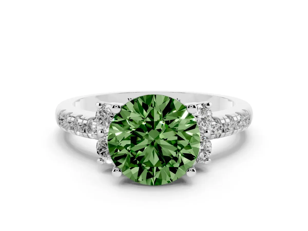 Fancy Green Round Cut Diamond Three-Stone Pave Band with Four-Prong Setting Silver
