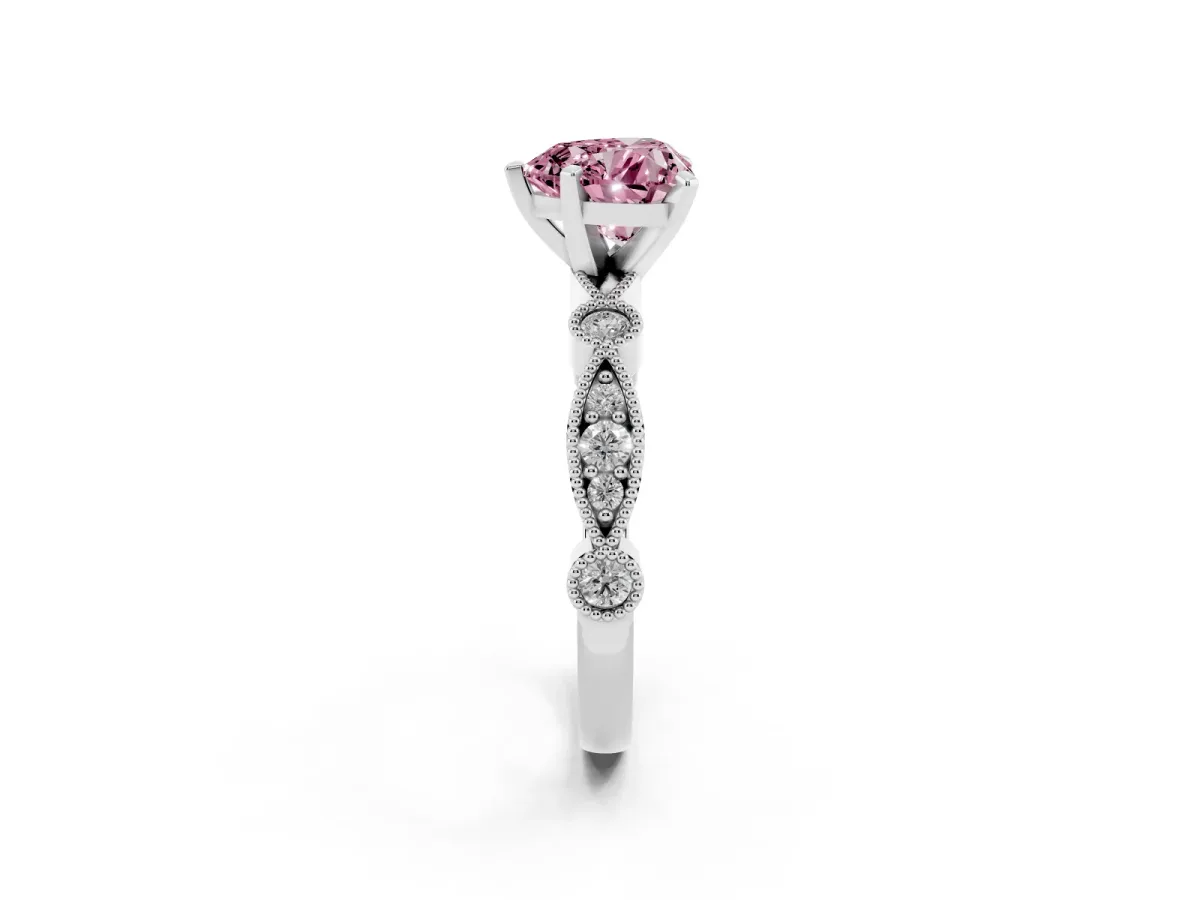 Fancy Pink Heart Cut Milgrain Bezel Diamond Engagement Ring with Solitaire Prong Setting Silver