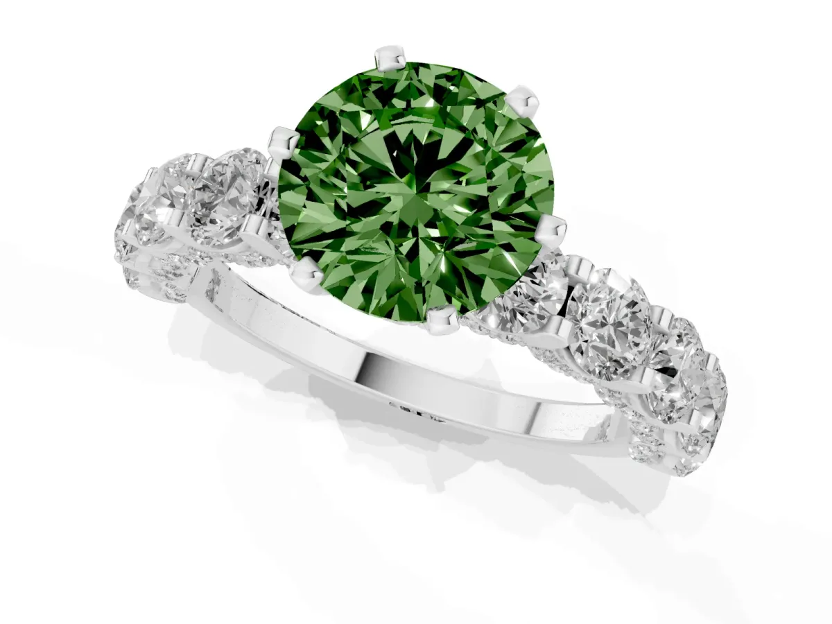 Fancy Green Round Cut Diamond Side Stone Engagement Ring with Four-Prong Setting Platinum