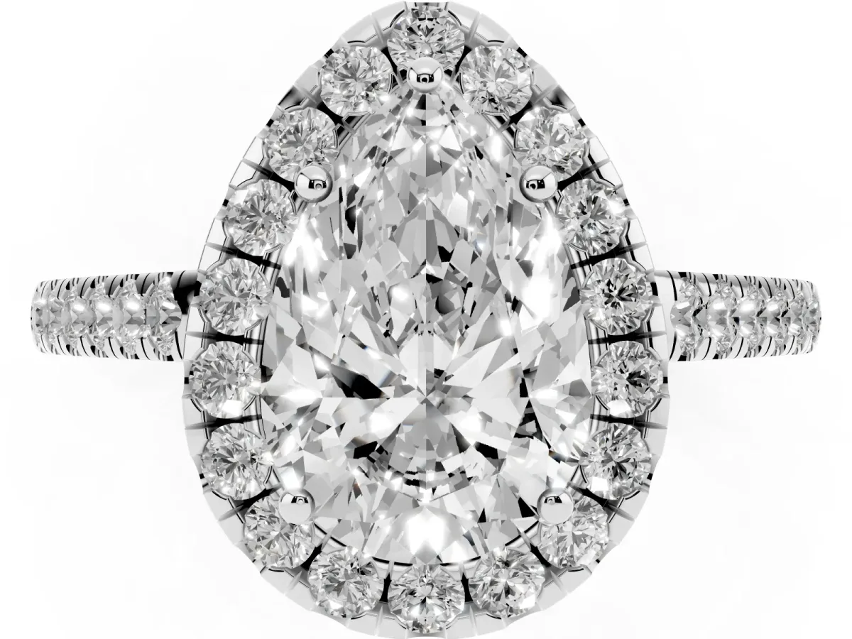 Pear Cut Halo Pave Diamond Engagement Ring with Four-Prong Setting Platinum