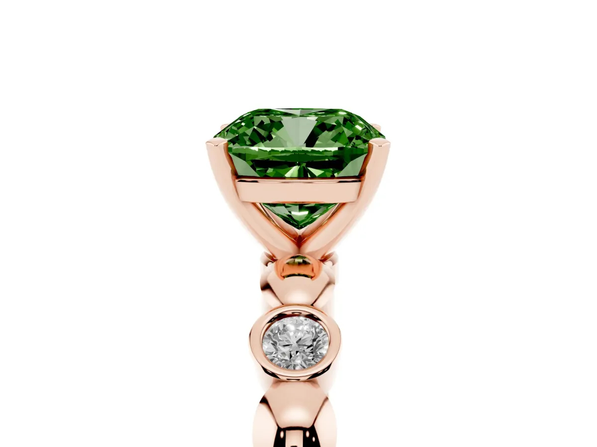 Fancy Green Cushion Cut Solitaire Bezel-Set Diamond Ring with Beaded Band and Four-Prong Setting Rose gold