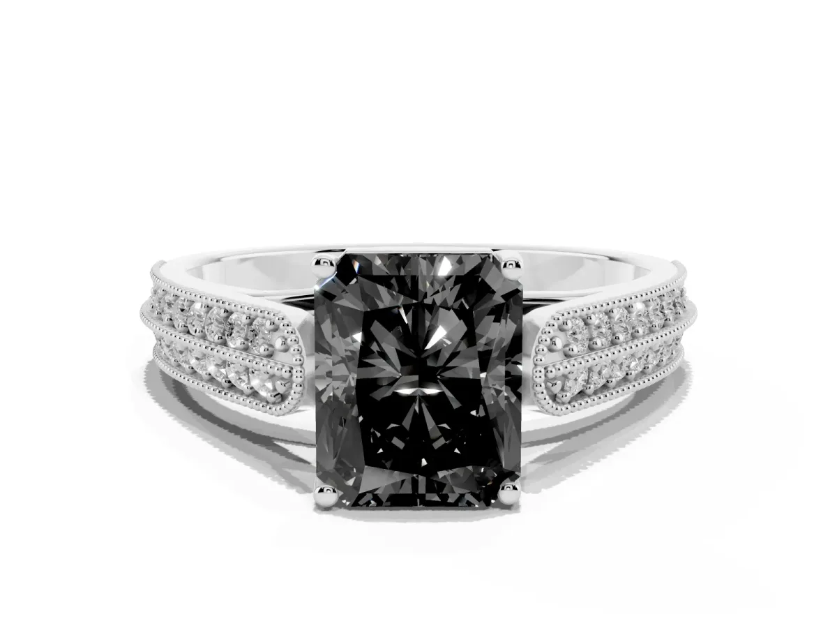 Fancy Black Radiant Cut Cut Pave Split Shank Engagement Ring with Four-Prong Setting White gold
