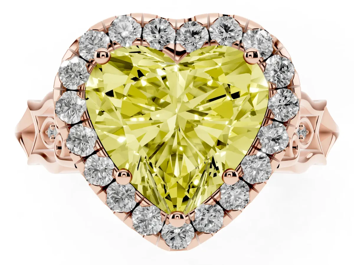 Fancy Yellow Heart Cut Halo Diamond Engagement Ring with Filigree Band and Four-Prong Setting Rose gold