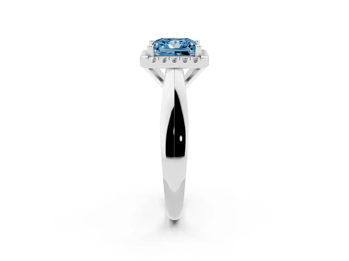 Fancy Blue Princess Cut Cut Halo Solitaire Engagement Ring with Square Band and Four-Prong Setting Silver