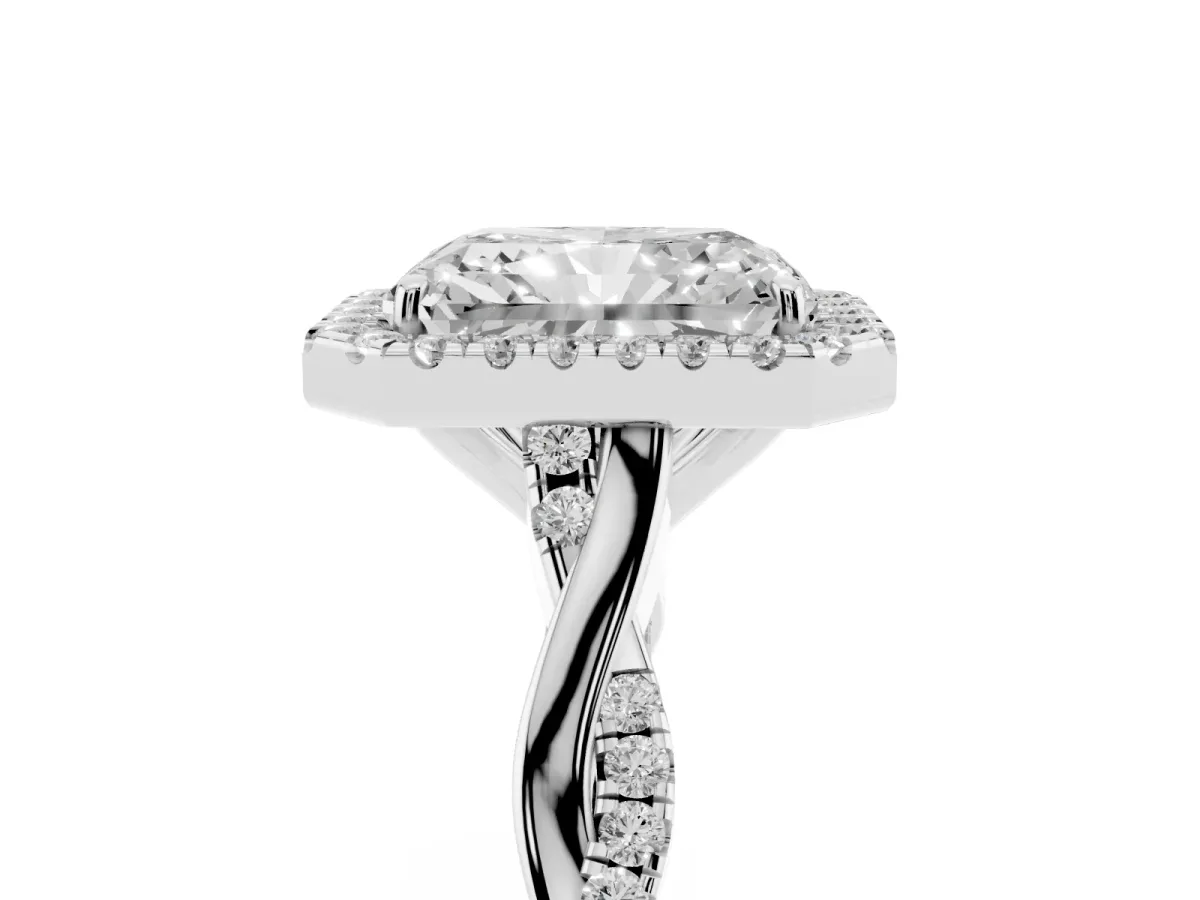 Radiant Cut Halo Twist Band Solitaire Ring Silver
