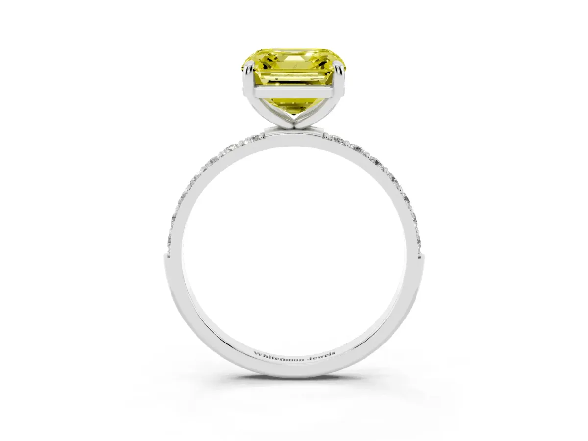Fancy Yellow Asscher Cut Diamond Solitaire Ring with Round Pavé Band and Prong Setting Silver