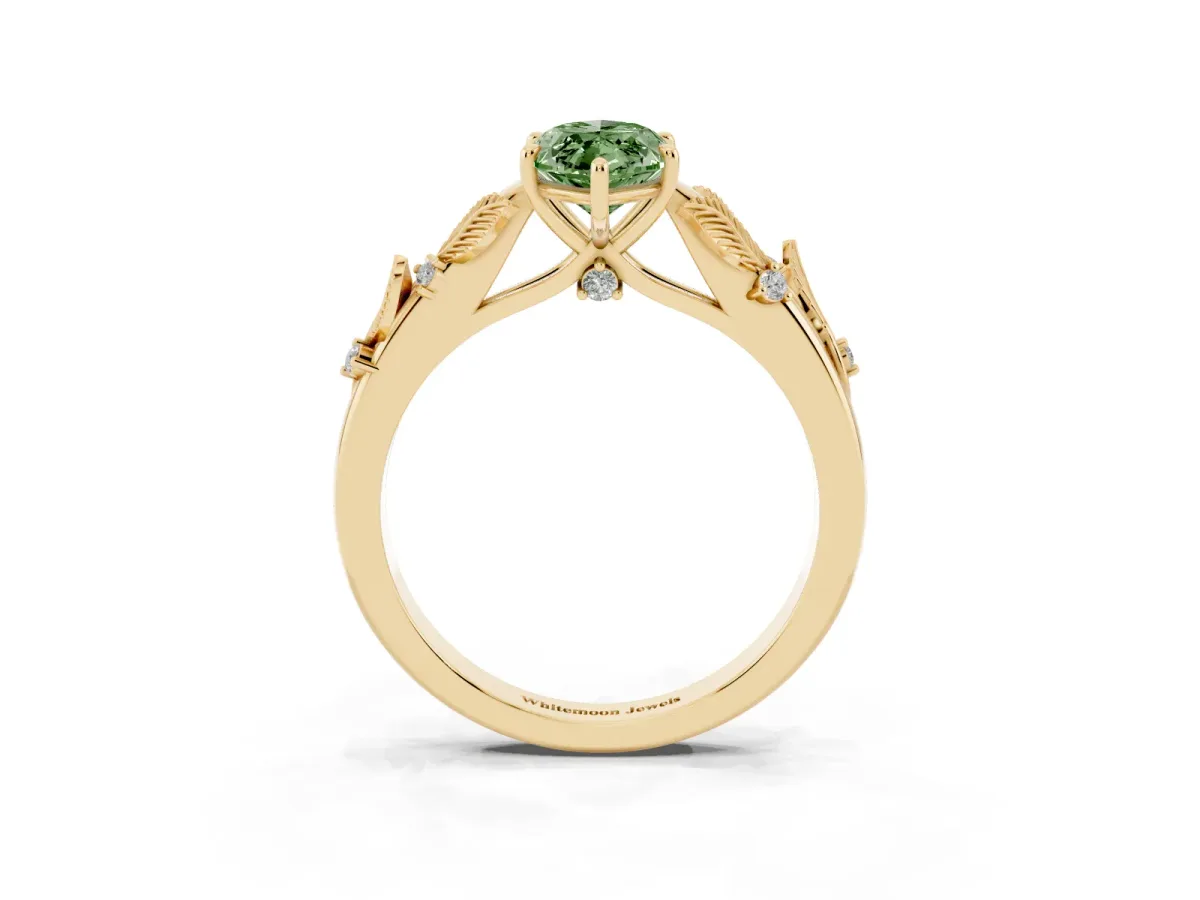 Fancy Green Marquise Cut Diamond Solitaire Ring with Leaf Motif Band and Four-Prong Setting Yellow gold