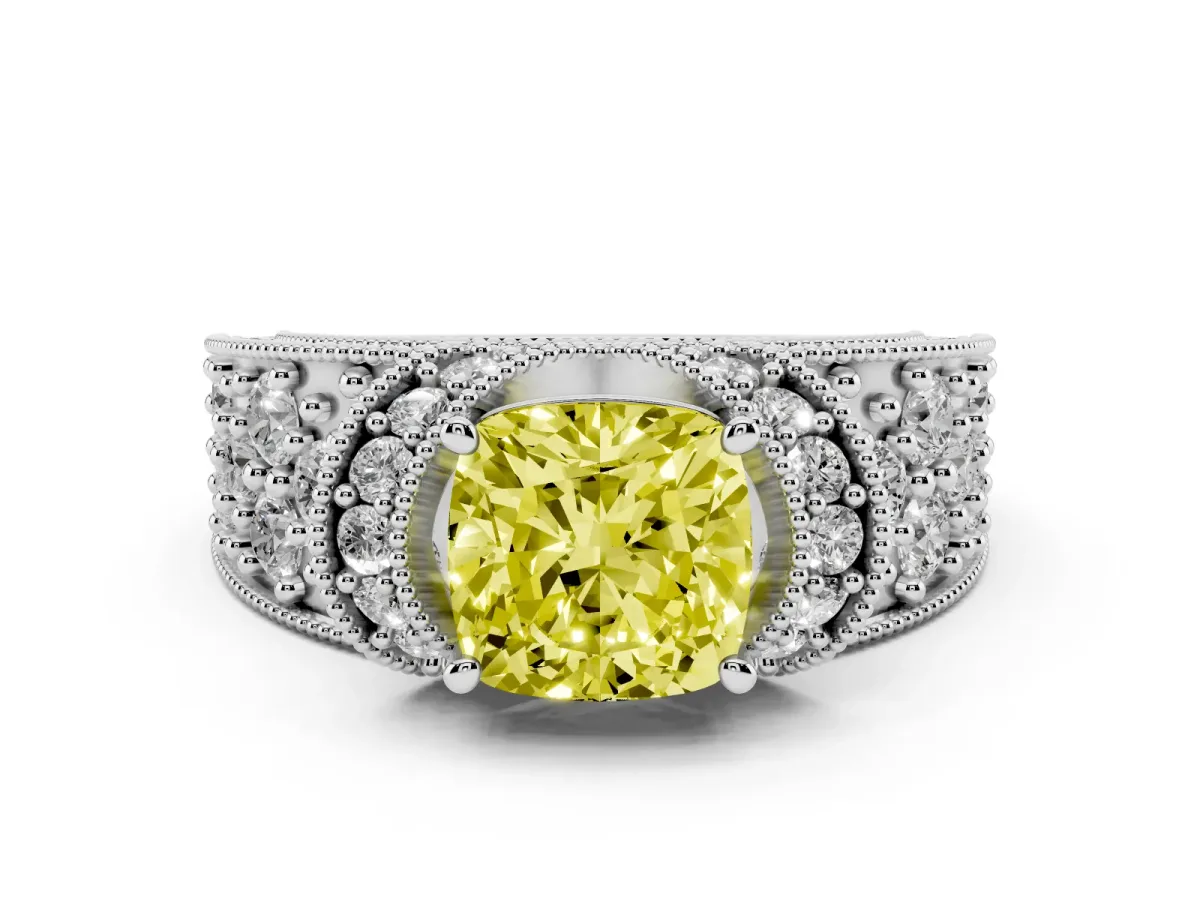Fancy Yellow Cushion Cut Halo Pave Diamond Engagement Ring with Milgrain Detailing Platinum